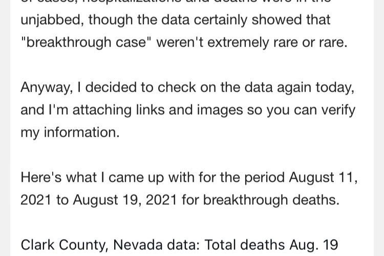 A Pandemic of the Vaccinated? 60% of deaths in Clark County, NV, (Las Vegas) are now in vaccinated people.