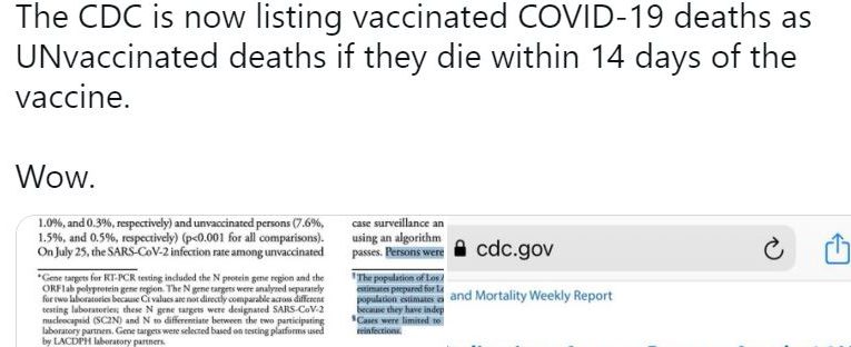 CDC listing vaccinated COVID-19 deaths as UNvaccinated deaths if they die within 14 days of the vax.