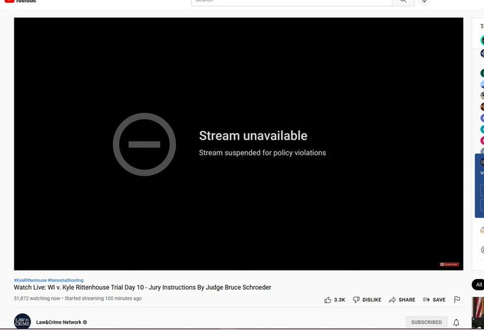 Youtube, upset that Rittenhouse narrative has proved them liars, blocks ALL independent streams of Trial