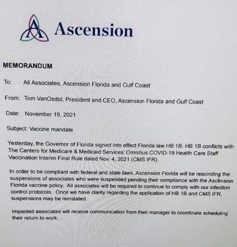 Ascension Healthcare in Florida rescinds Vax Mandate Because The Governor Defends his constituents.